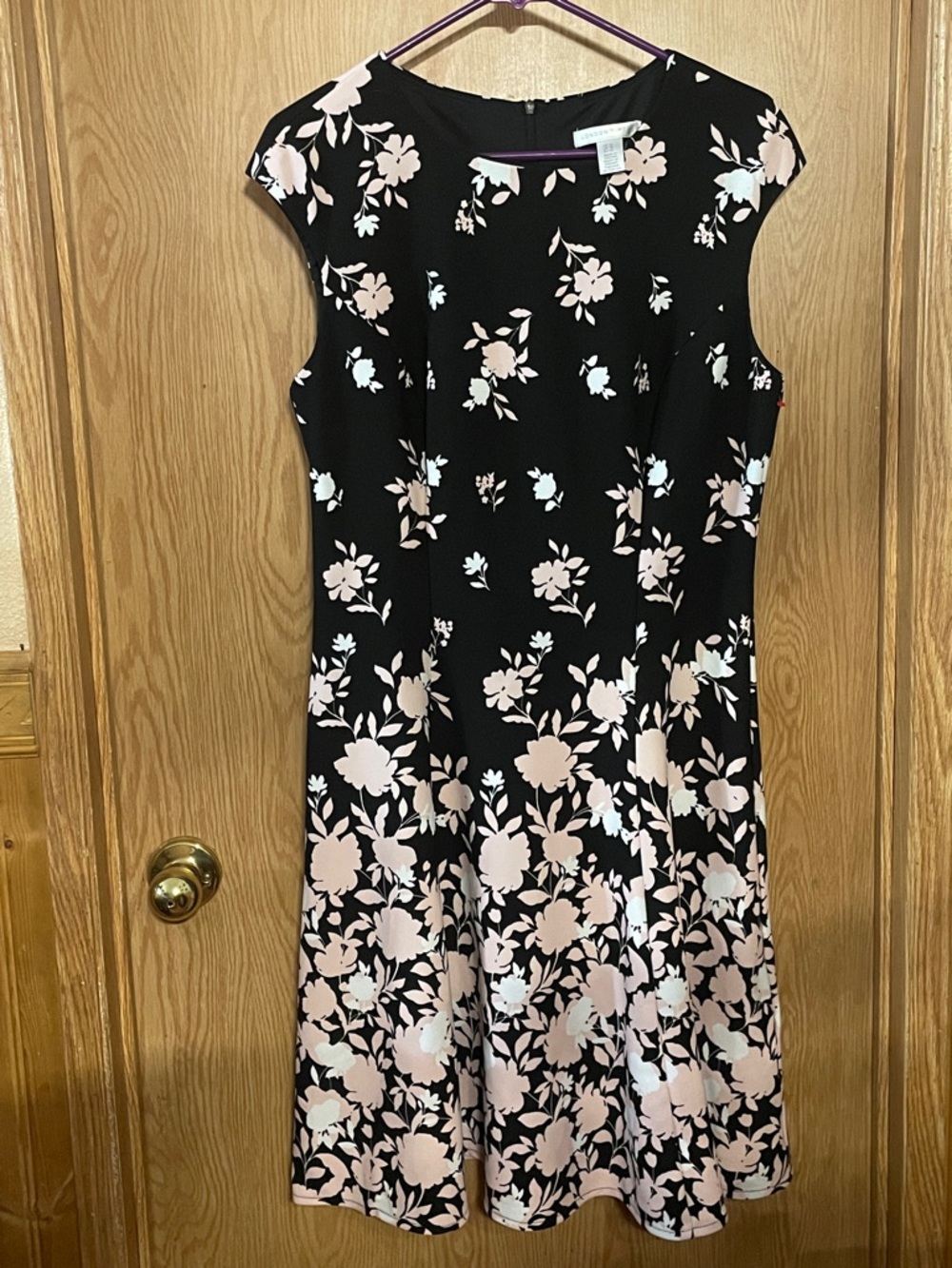 London Times Black Midi Dress with Blush Floral Print